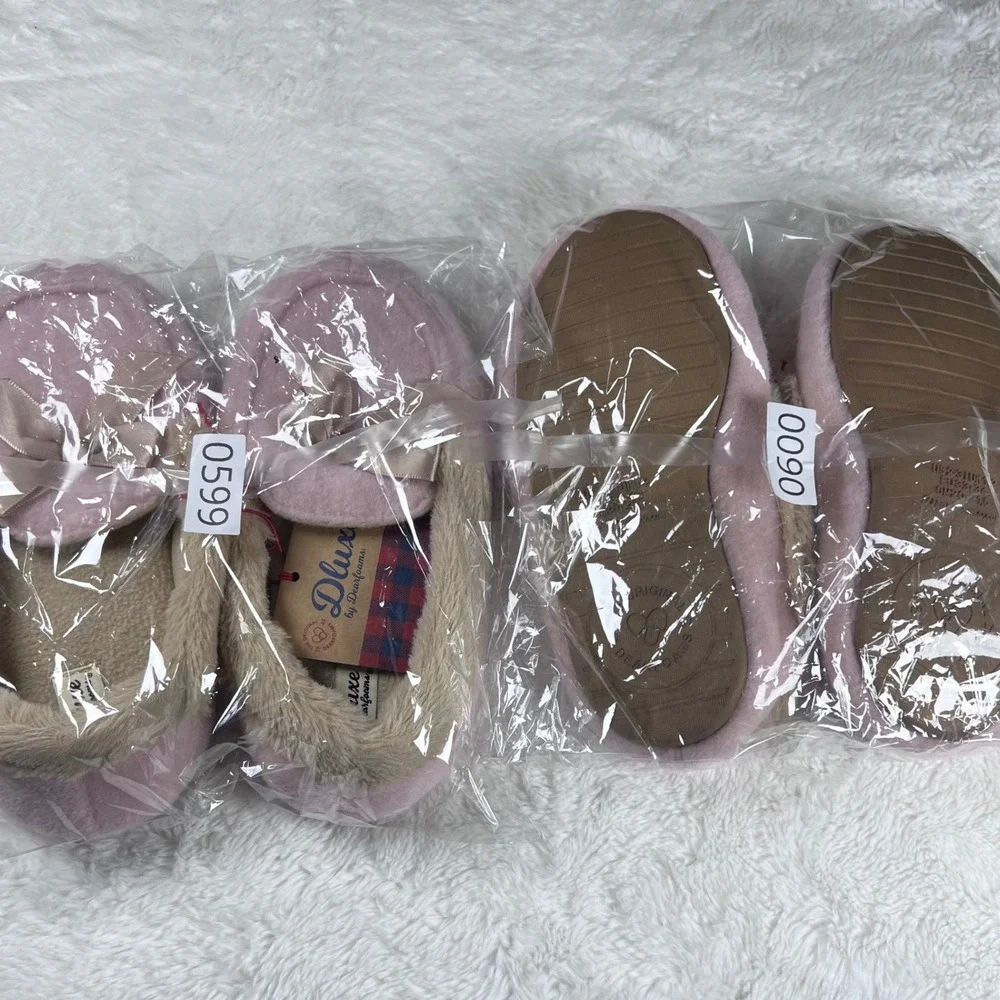DLUXE by Dearfoams Pink‎ Memory Foam Slippers Bow Plush Fur Lined Girls NWT